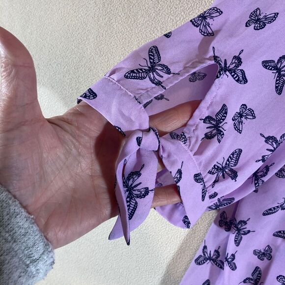 Catherine's Blouse Sz 2X Purple Butterfly Button Up 3/4 Sleeve w/Tie - Picture 3 of 7